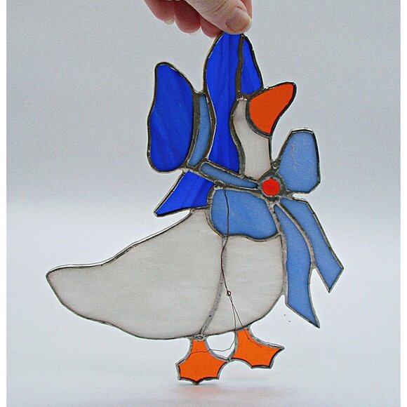 Stained Glass Goose Mother Goose Suncatcher Hanging Window Decor Blue White 7.5" - Picture 3 of 9